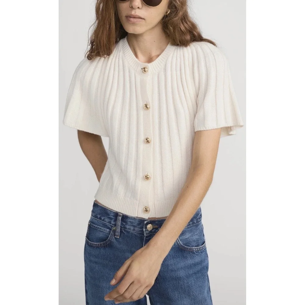 FRAME The Flutter Cardi Cream Ribbed Short Sleeve Gold Button Cardigan Sweater L